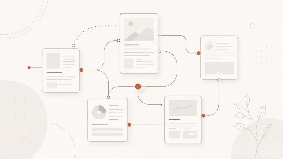 Blog posts connecting into a tidy linked cluster, illustrating how Relinka maps internal links