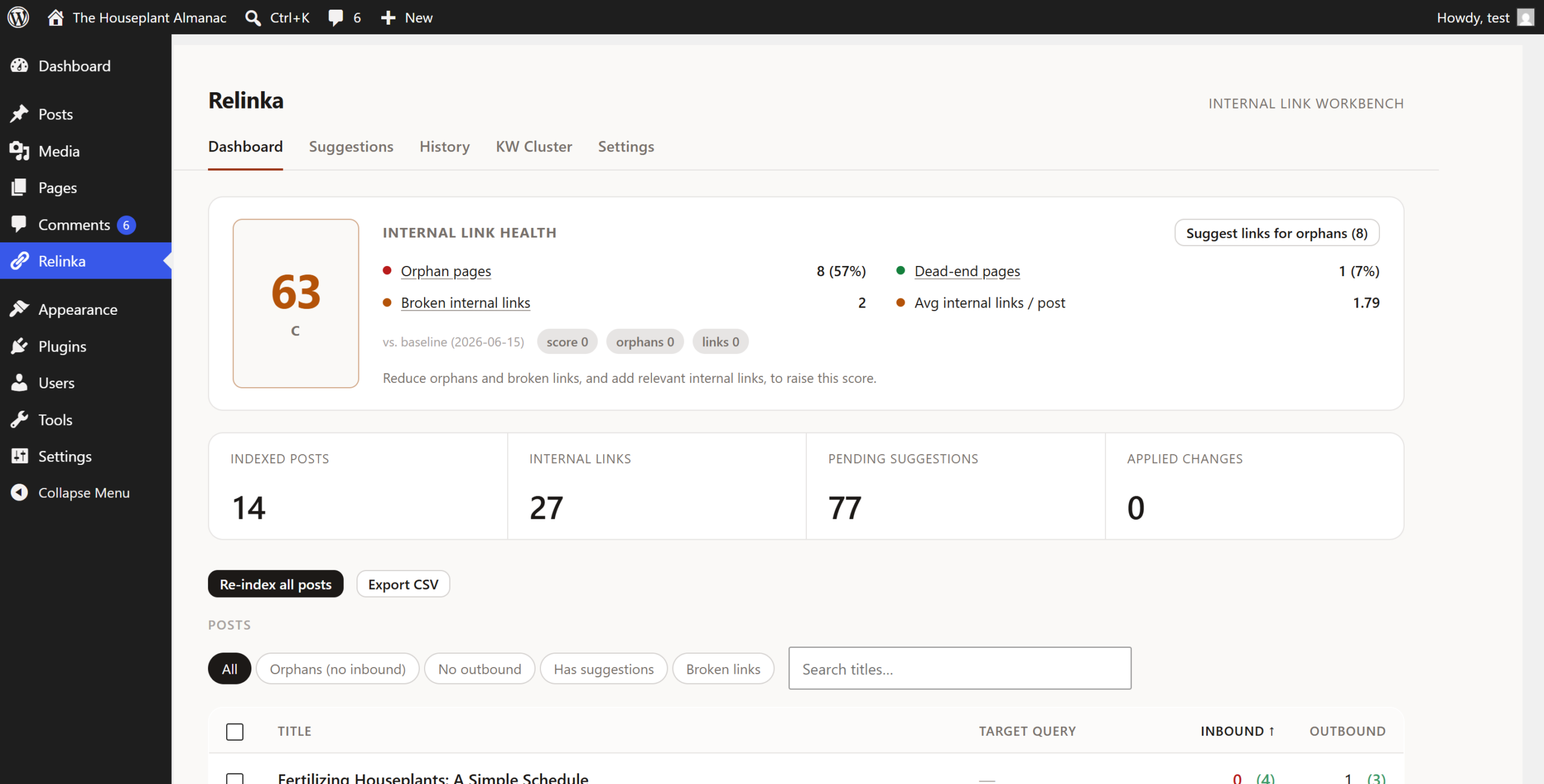 Internal link health score of 63 out of 100, with 8 orphan pages, 2 broken internal links, 1 dead-end page and an average of 1.79 internal links per post