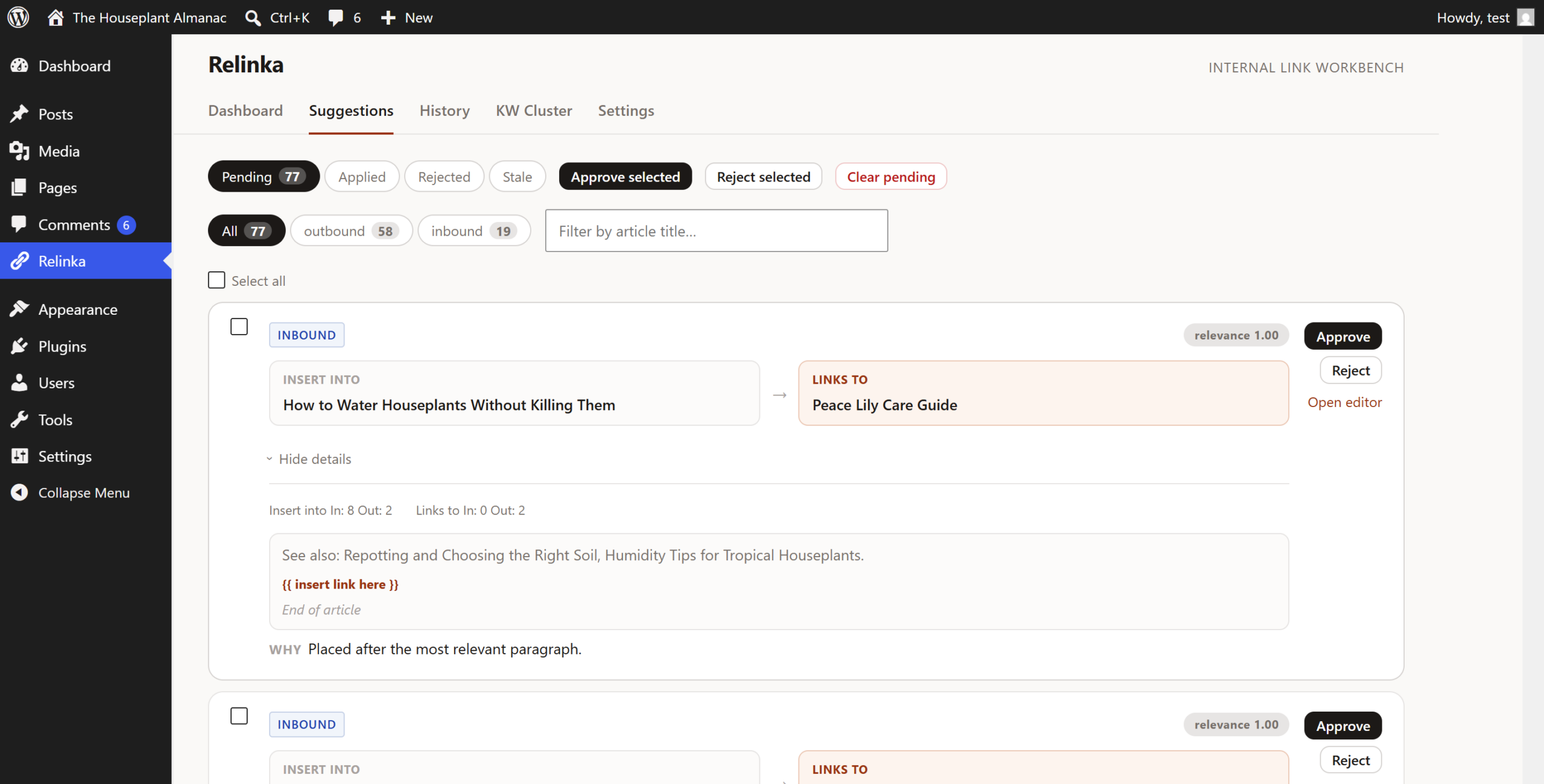 A single link suggestion expanded, showing the source and destination posts, the surrounding paragraph with an insert-link marker, and a one-line explanation of why the link was proposed